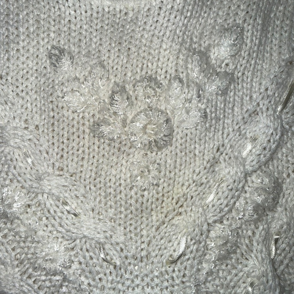 Vintage White Knit Puff Sleeve Knit Sweater Pearl Button Short Sleeve Size M - Picture 3 of 11